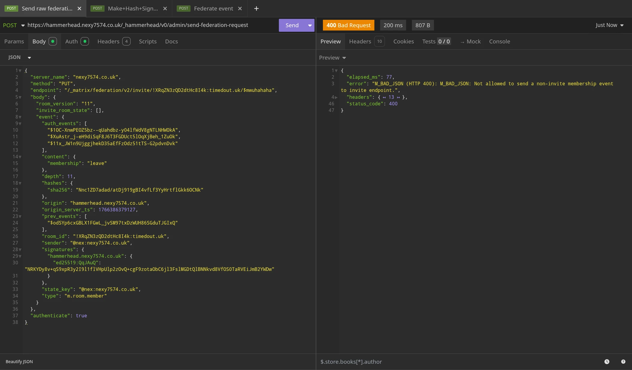Attempting to send a similar request to the invite endpoint of a patched server