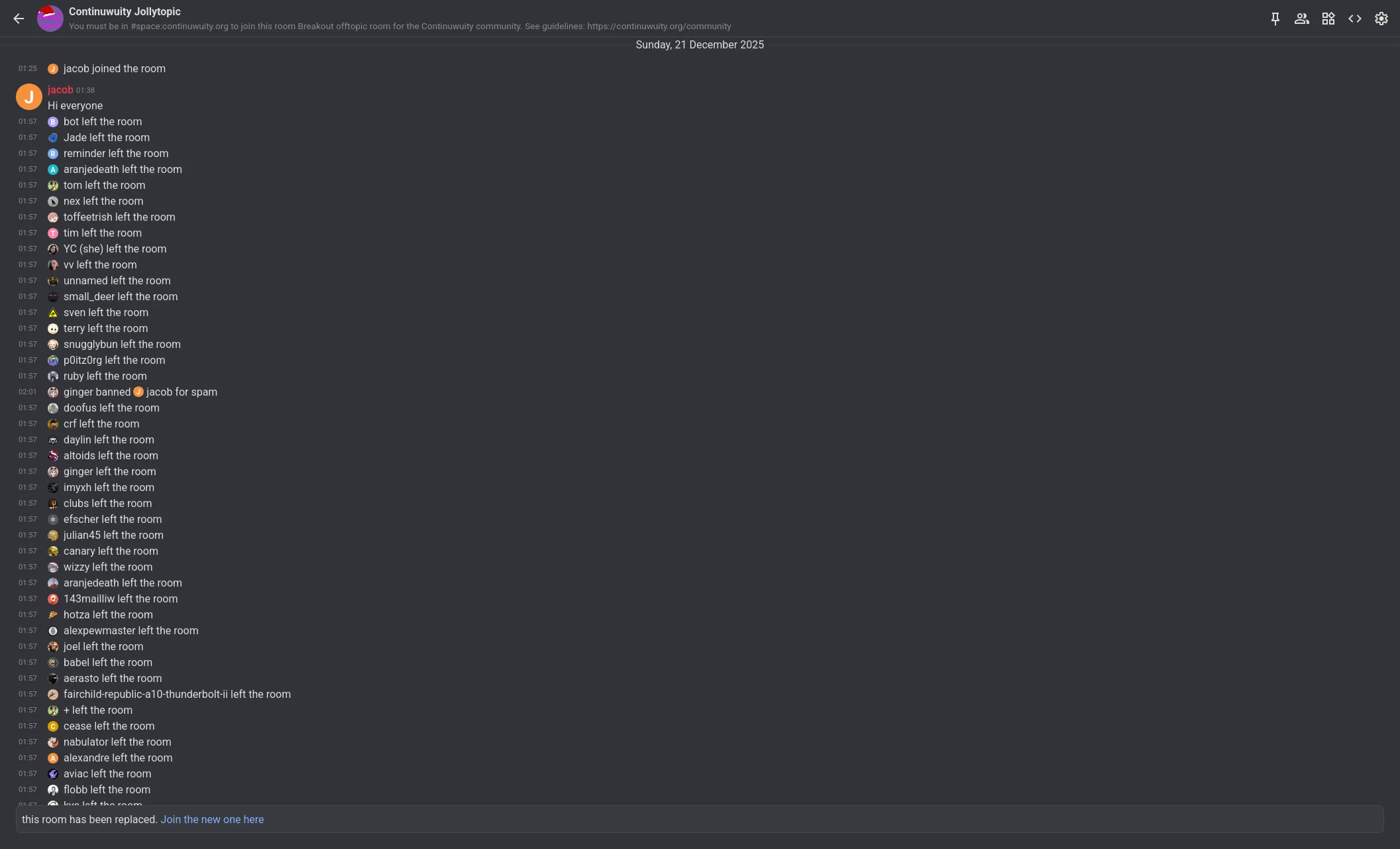 A picture of our offtopic room featuring an entire timeline full of accounts leaving the room at the same time